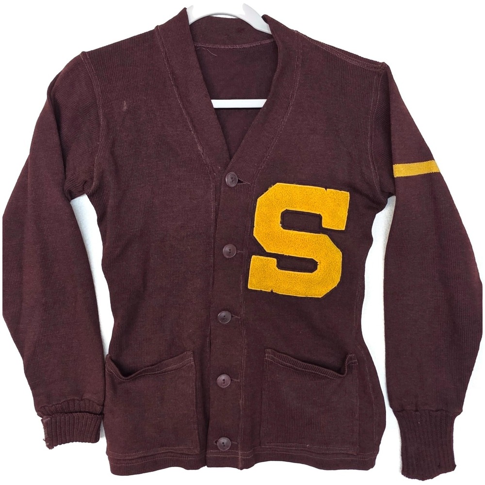 Vintage‎ Varsity Sweater Mens Small Brown Letterman Cardigan S Chenille Patch